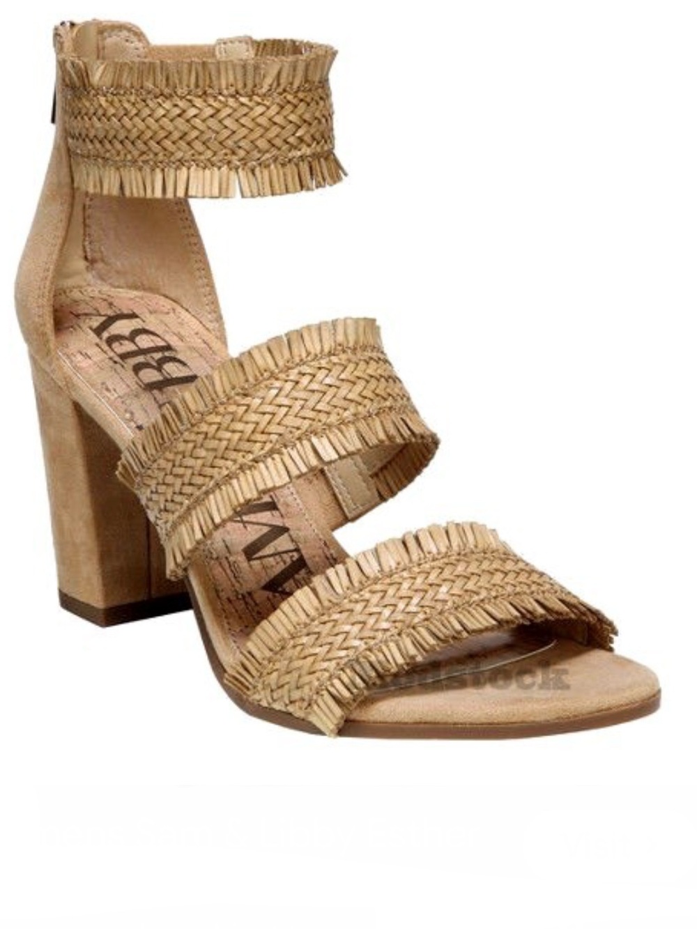 Sam and Libby Esther tan raffia straw woven ankle strap sandal heel Size 6.5